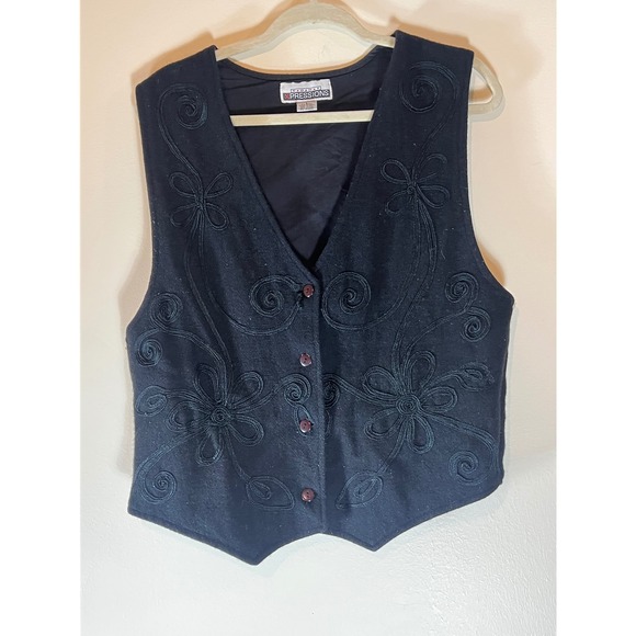 BODY XPRESSIONS Vintage Black Embroidered Wool Blend Vest Women's Size L - Picture 6 of 7